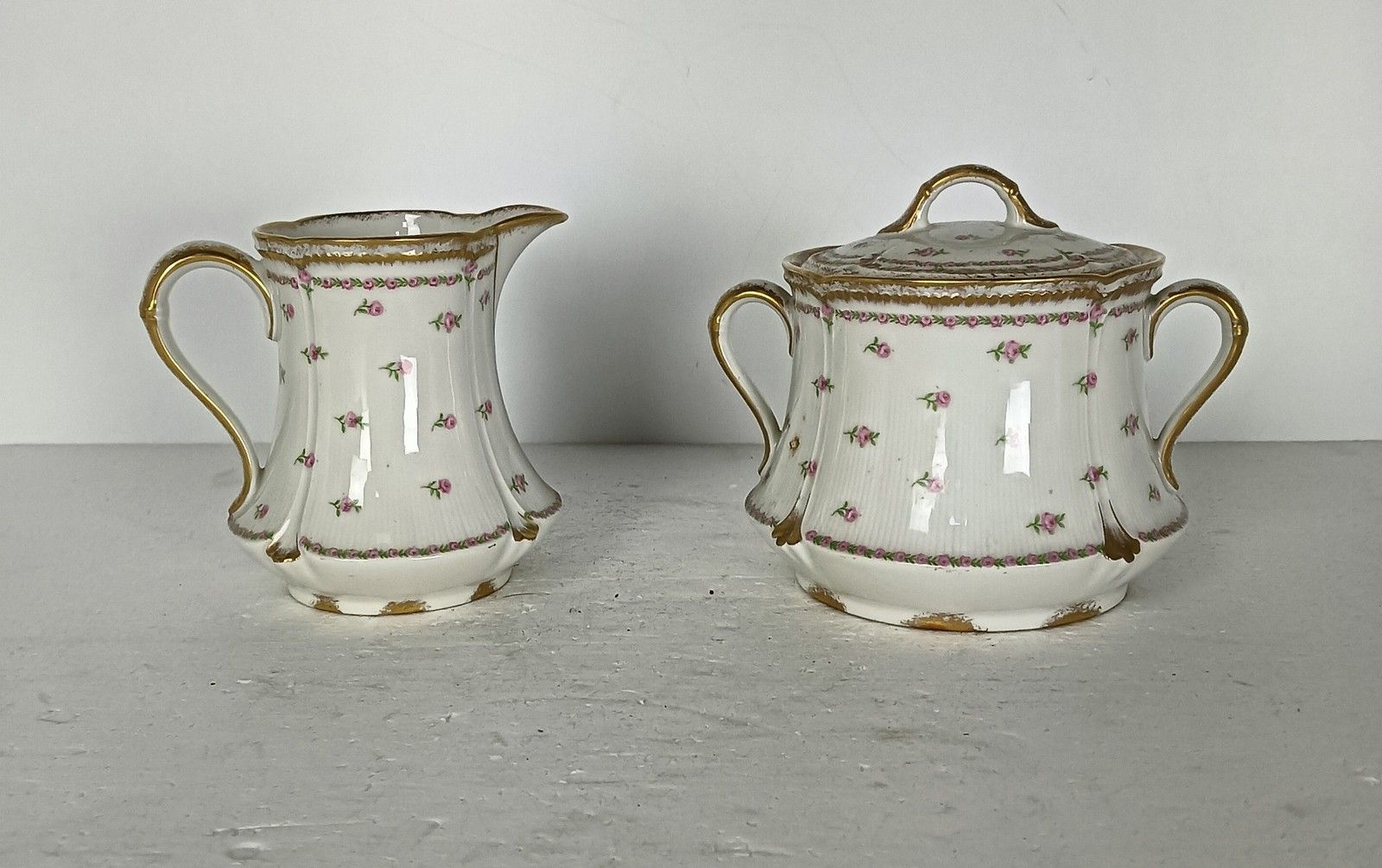 Sugar Bowl Creamer Large Antique Dekor Gilda Limoges Rose Buds Frognet Set Of 2