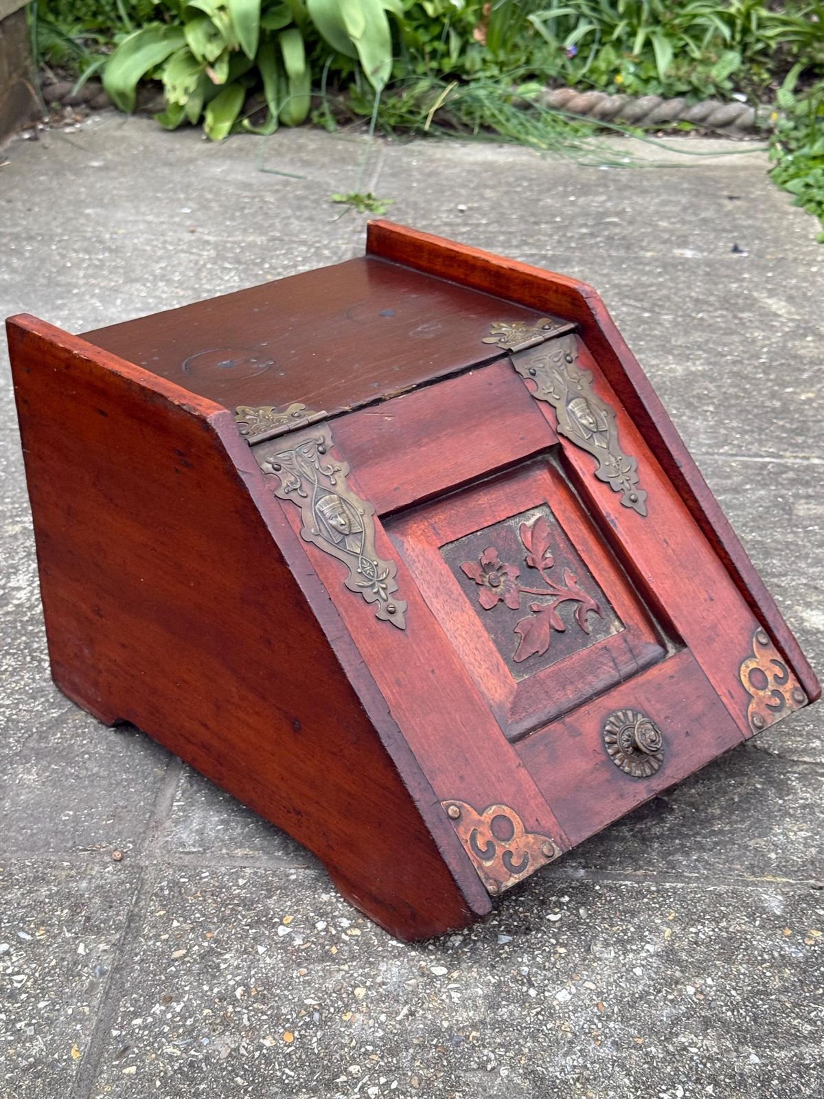 photo for sale Antique Victorian Carved Wooden Coal Scuttle Brass Mount Fireside Storage Box