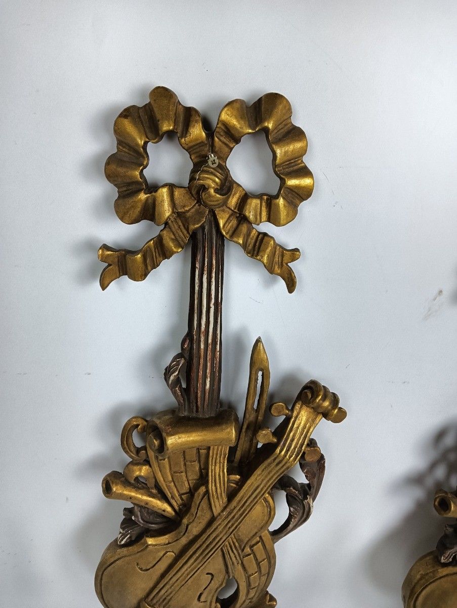 Large Couple Wall Sconces Lamps Sheaf Of Wheat Antique Wood Musical Instrument photo vinterior