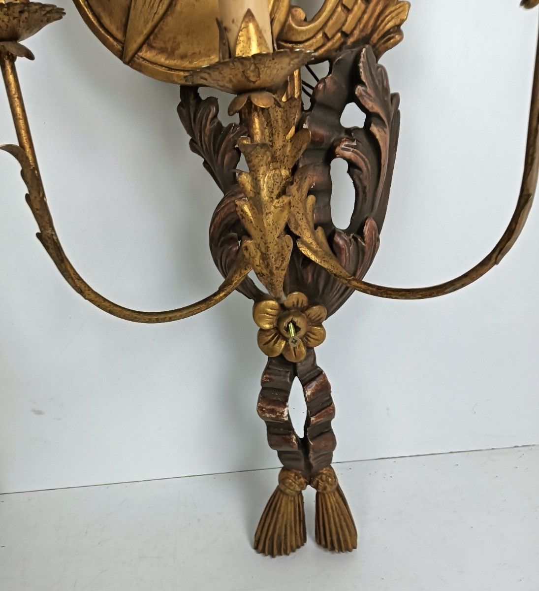 Large Couple Wall Sconces Lamps Sheaf Of Wheat Antique Wood Musical Instrument photo buy