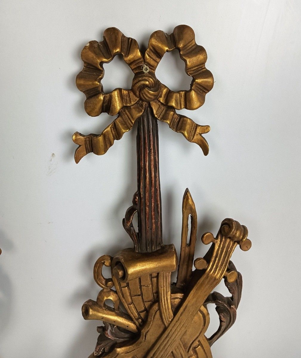 photo furniture Large Couple Wall Sconces Lamps Sheaf Of Wheat Antique Wood Musical Instrument