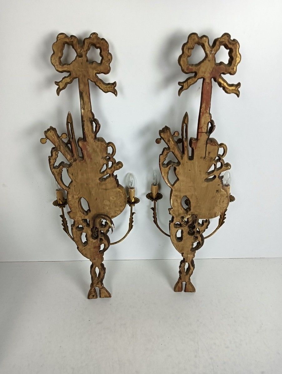 photo for sale Large Couple Wall Sconces Lamps Sheaf Of Wheat Antique Wood Musical Instrument