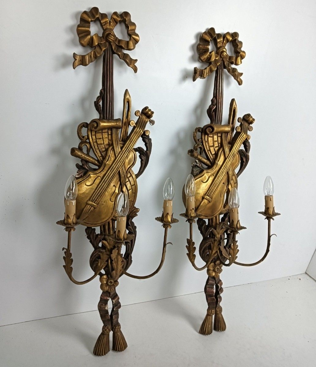 Large Pair  Wall Sconces Lamps Sheaf Of Wheat Antique Wood Musical Instrument Ho photo Lighting