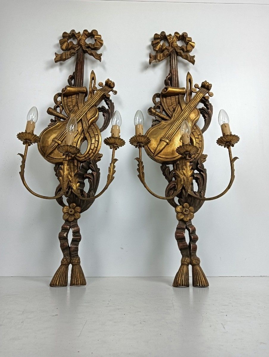 Large Pair  Wall Sconces Lamps Sheaf Of Wheat Antique Wood Musical Instrument Ho photo vintage