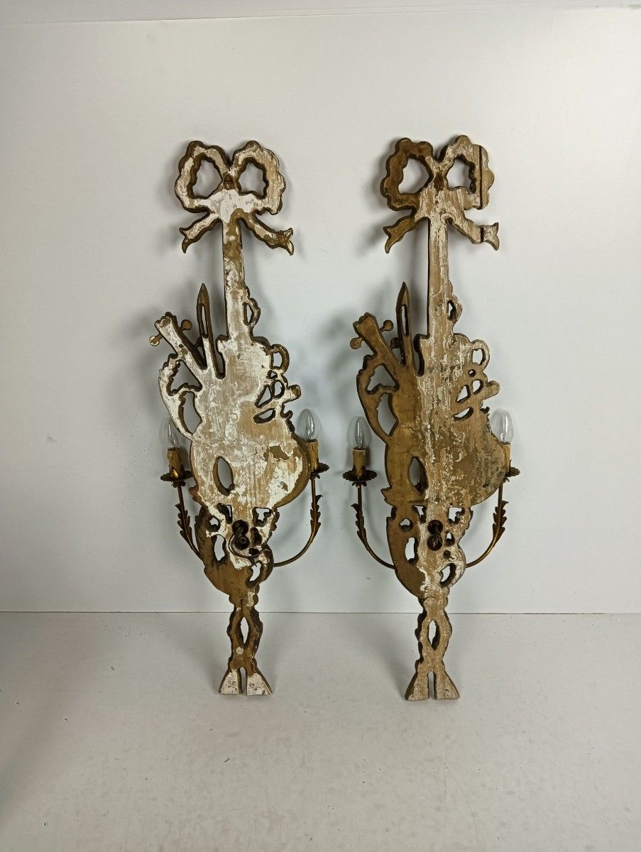 photo for sale Large Pair  Wall Sconces Lamps Sheaf Of Wheat Antique Wood Musical Instrument Ho