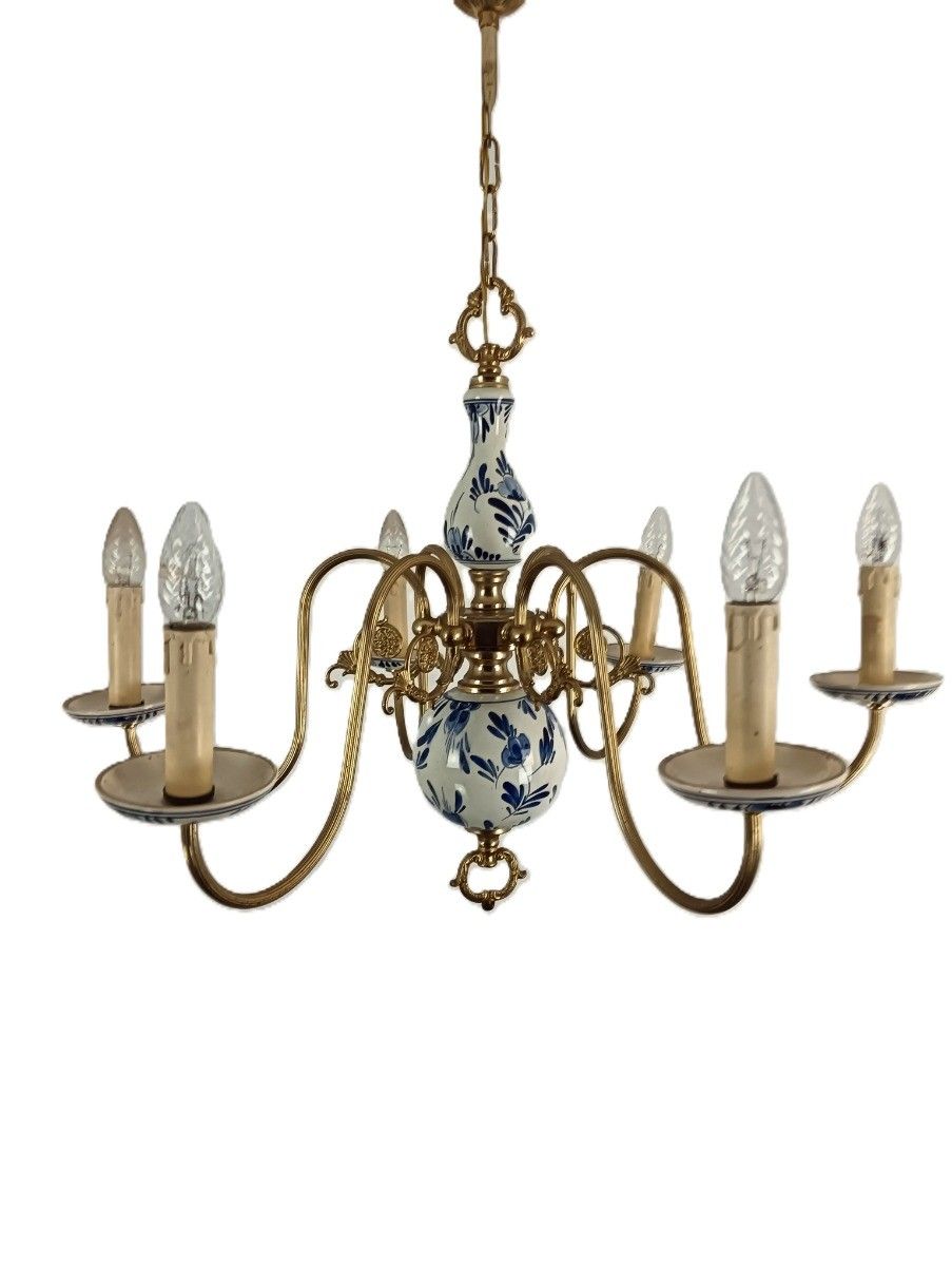 Delft Chandelier Blue White 6 Arm 6 Lights Modernist Vintage Barn Style Porcelai photo furniture