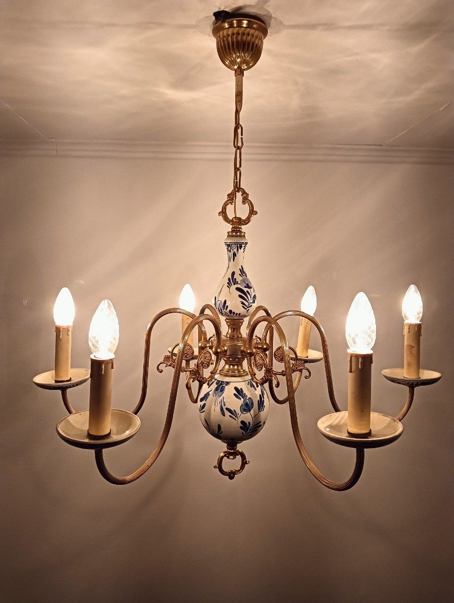 Delft Chandelier Blue White 6 Arm 6 Lights Modernist Vintage Barn Style Porcelai photo vintage