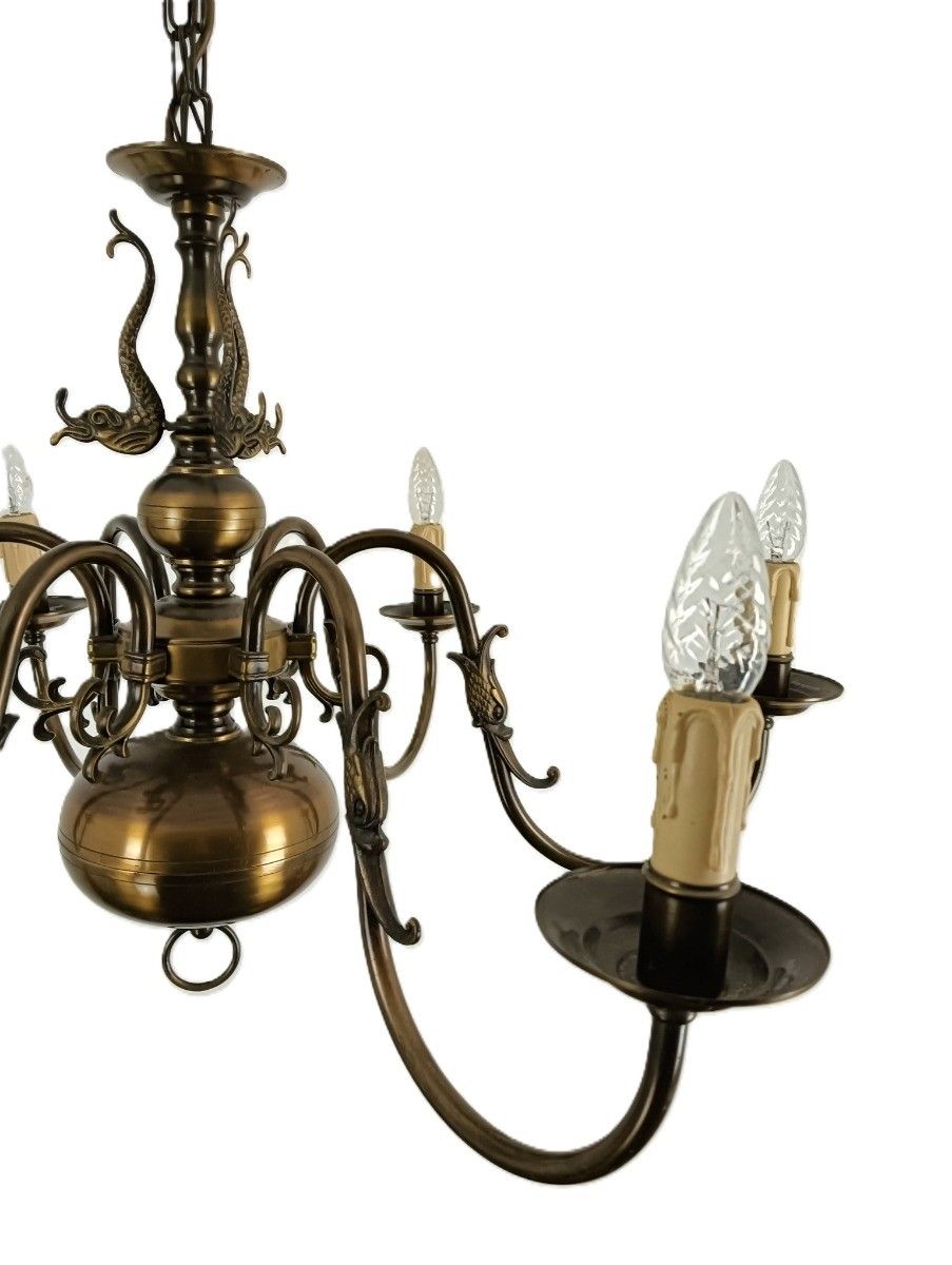 Flemish Dutch Chandelier 6 Arms Lights Brass  Vintage Barn Farmhouse Fixture photo 581.0