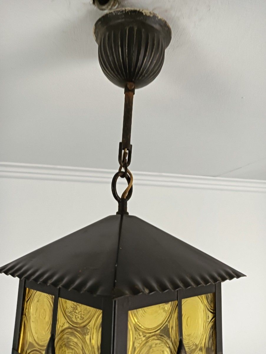 Hall Lamp Chandelier Amber  Glass Wrought Iron Vintage Hanging Light 1 Light Fix photo vinterior