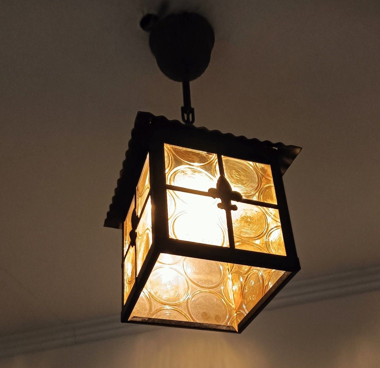 Hall Lamp Chandelier Amber  Glass Wrought Iron Vintage Hanging Light 1 Light Fix photo vintage