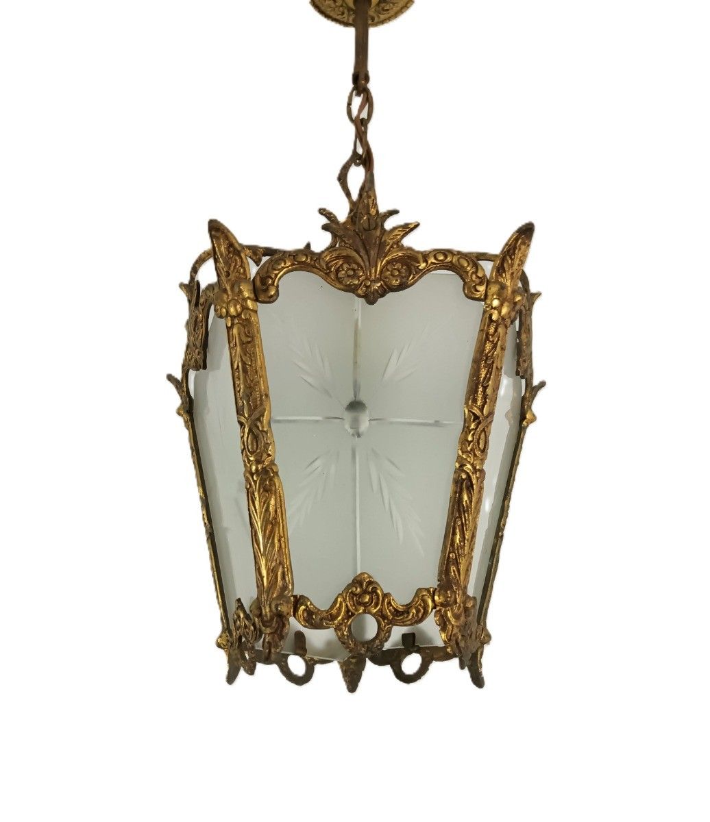 Hall Lamp Chandelier Etched  Glass  Vintage Hanging Light 1 Light Fixture photo for sale