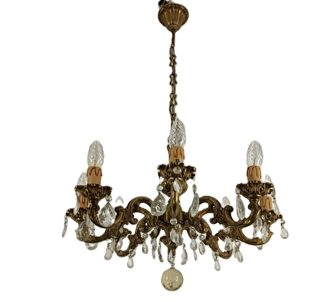 Vintage Chandelier Fixture 8 Arm Small Brass Crystal Prisms photo furniture