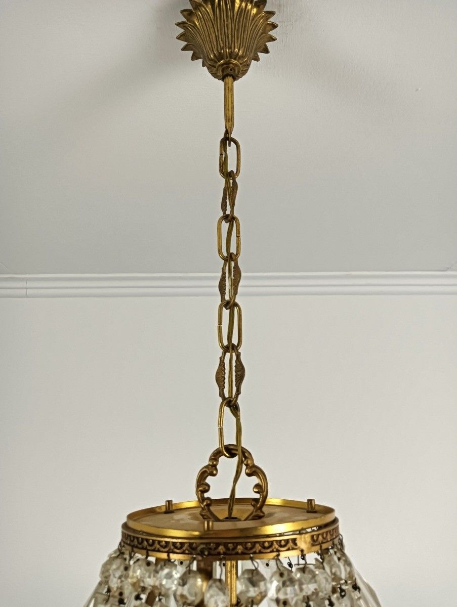 Vintage Chandelier Pendant Hall Lamp Crystal Prisms  Brass 3 Lights Fixture photo 335.0