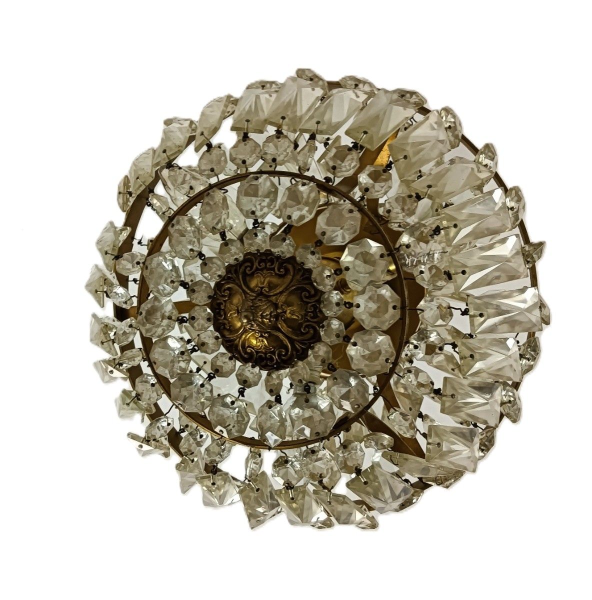 Vintage Chandelier Pendant Hall Lamp Crystal Prisms  Brass 3 Lights Fixture photo vinterior