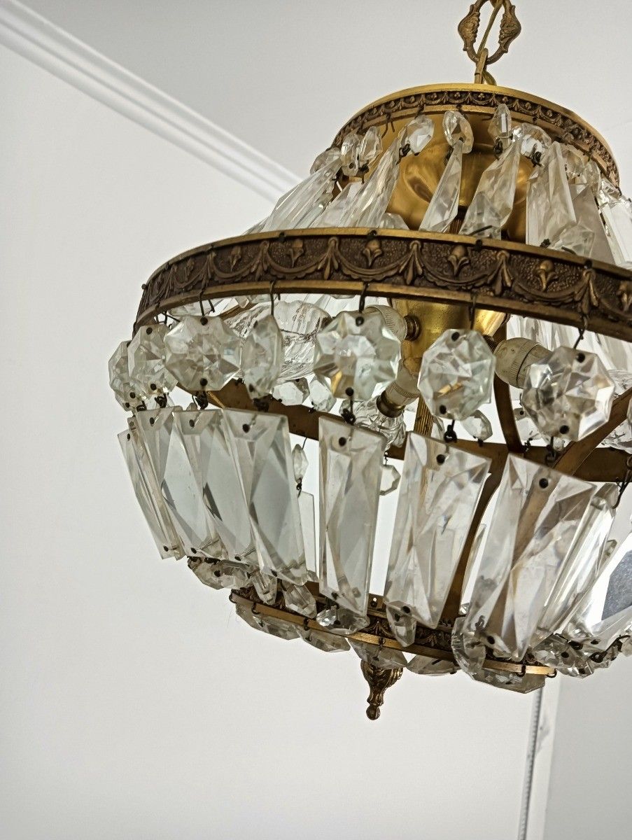 Vintage Chandelier Pendant Hall Lamp Crystal Prisms  Brass 3 Lights Fixture photo buy