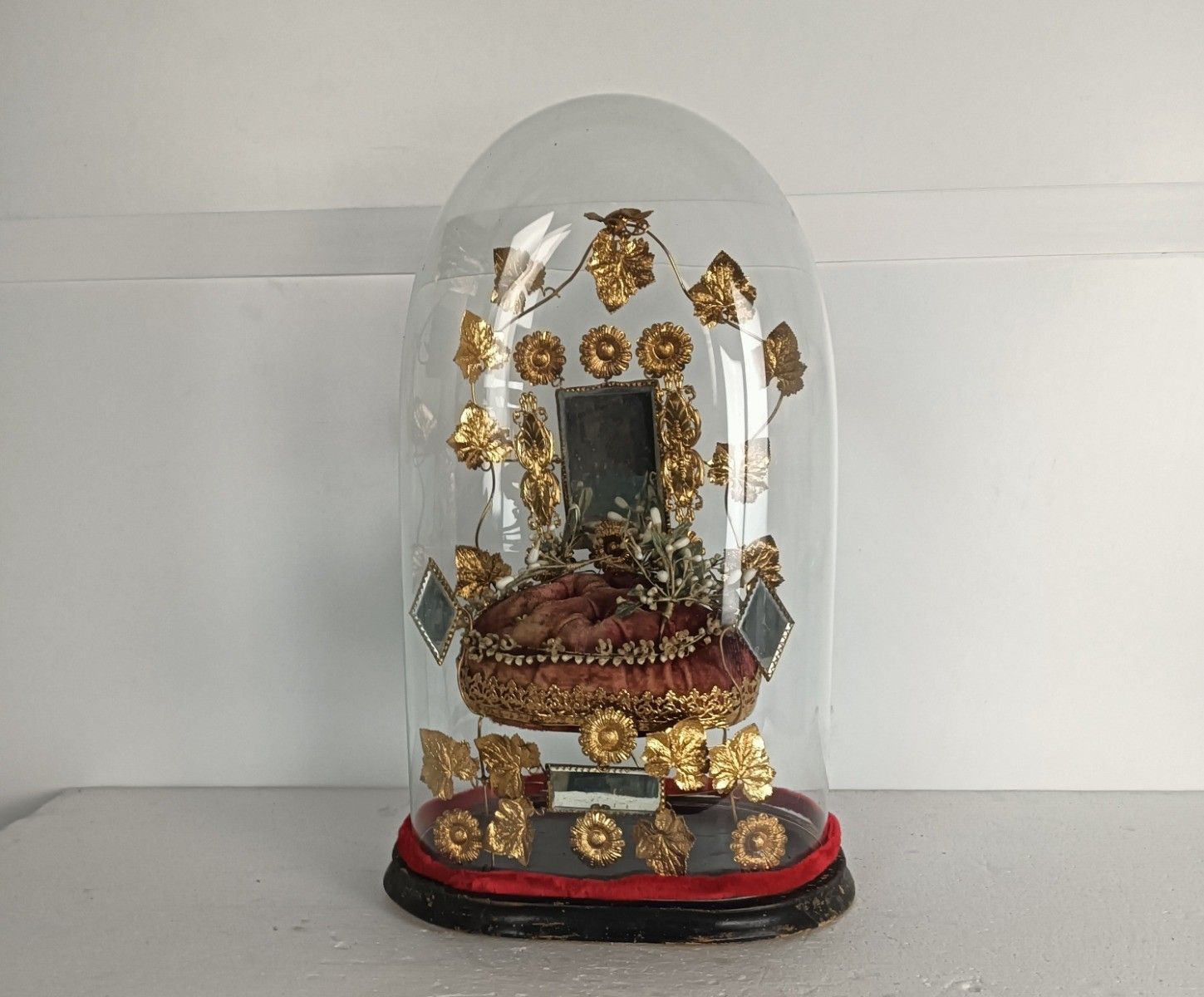 Oval Antique 1800s Victorian French Bridal Wedding Glass Dome Gold Ormulu Gilt L