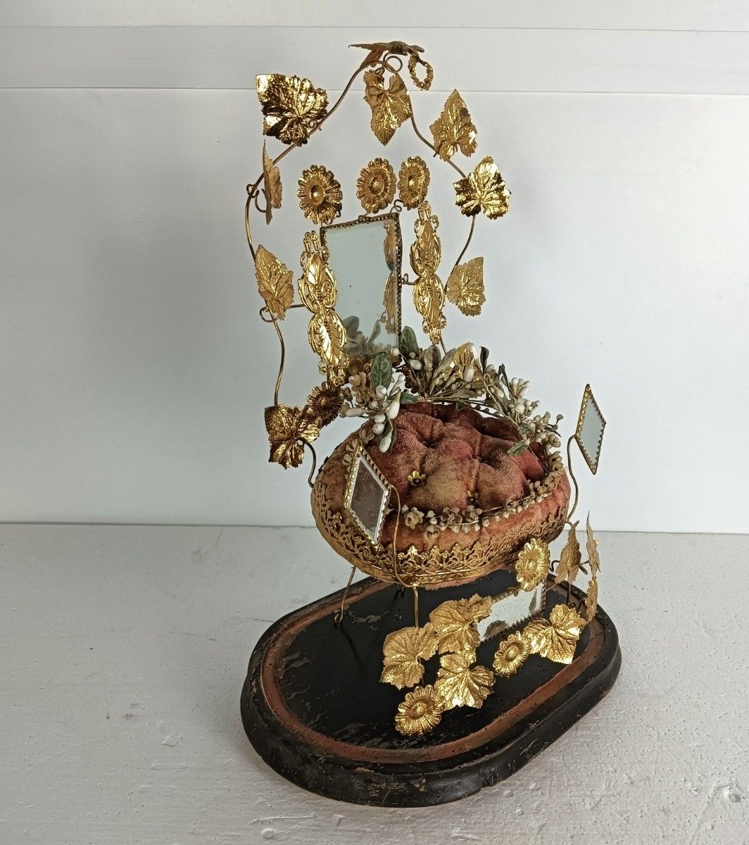Oval Antique 1800s Victorian French Bridal Wedding Glass Dome Gold Ormulu Gilt L photo vintage