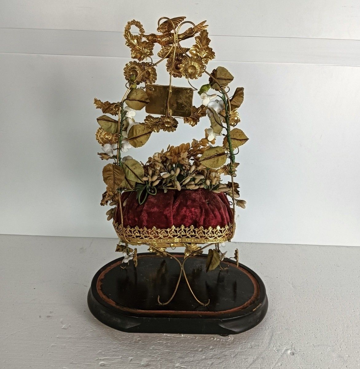Home Decor Oval Antique 1800s Victorian French Bridal Wedding Glass Dome Gold Ormulu Gilt B photo
