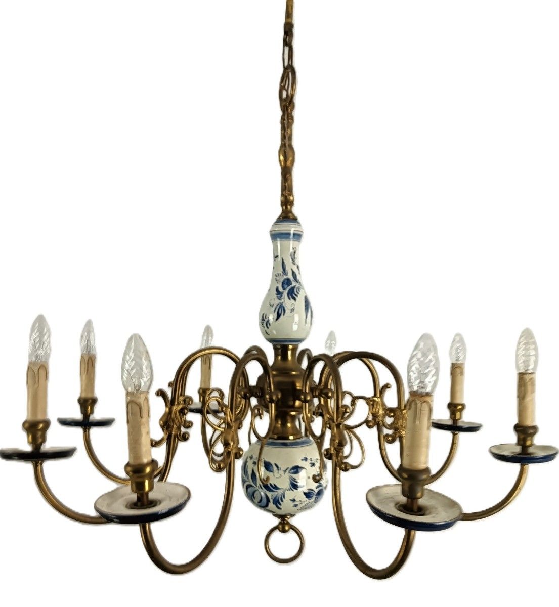 Vintage Dutch Delft Blue White Chandelier Porcelain Ornate Brass 8 Lights Arms photo furniture