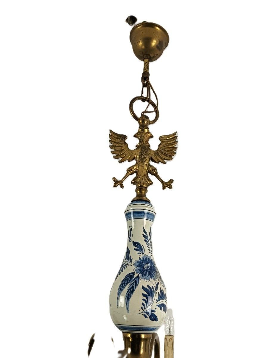 Vintage Dutch Delft Blue White Chandelier Porcelain Ornate Brass 8 Lights Arms photo for sale