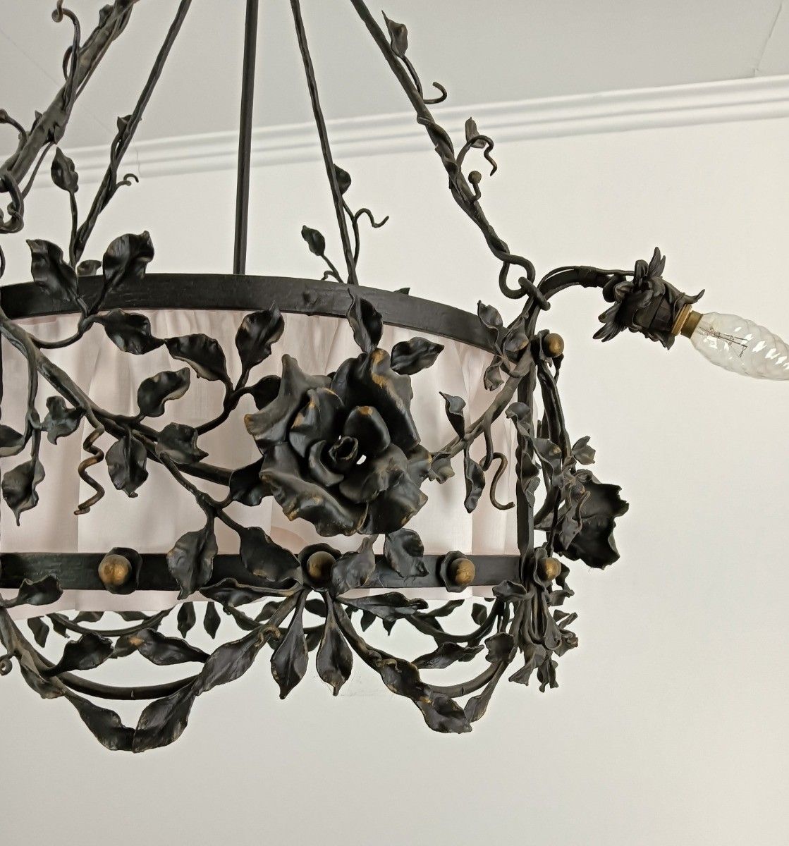 Antique Wrought Cast Iron Decorative Art Deco Chandelier Flowers  Van Boeckel St photo for sale