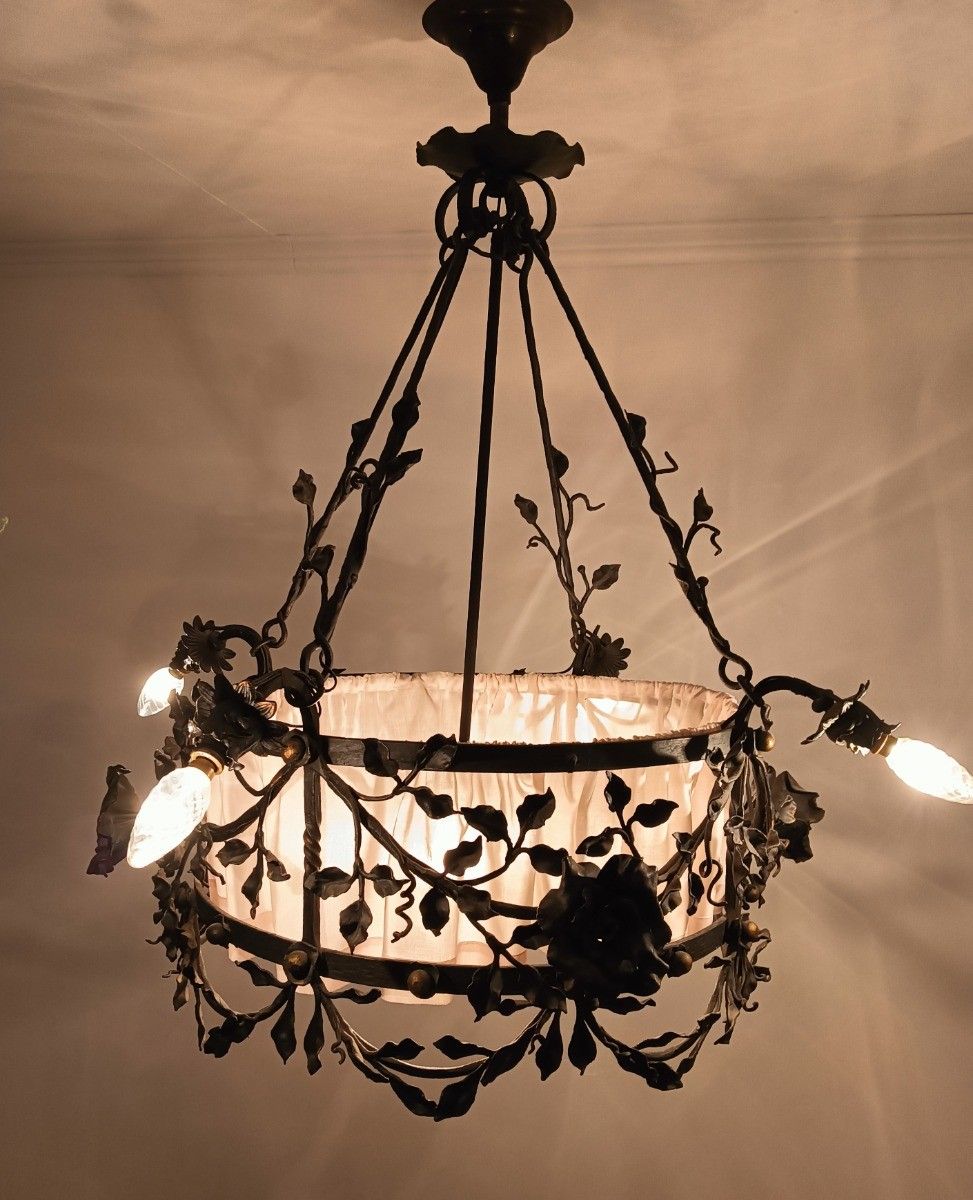 photo for sale Antique Wrought Cast Iron Decorative Art Deco Chandelier Flowers  Van Boeckel St