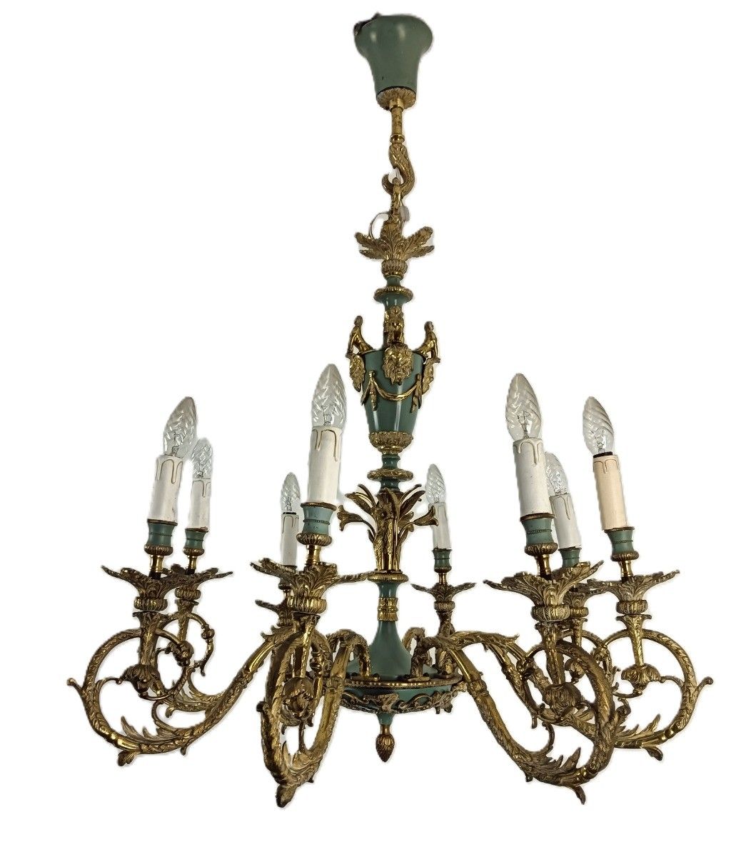 Vintage French Empire Chandelier Bronze 8 Arm Green Gold Impressive photo Lighting