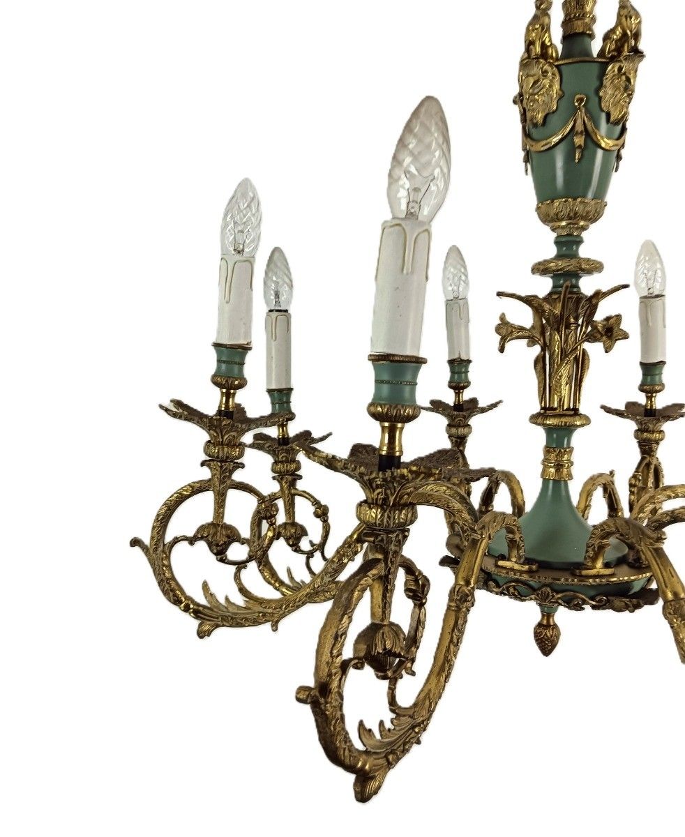 Vintage French Empire Chandelier Bronze 8 Arm Green Gold Impressive photo buy