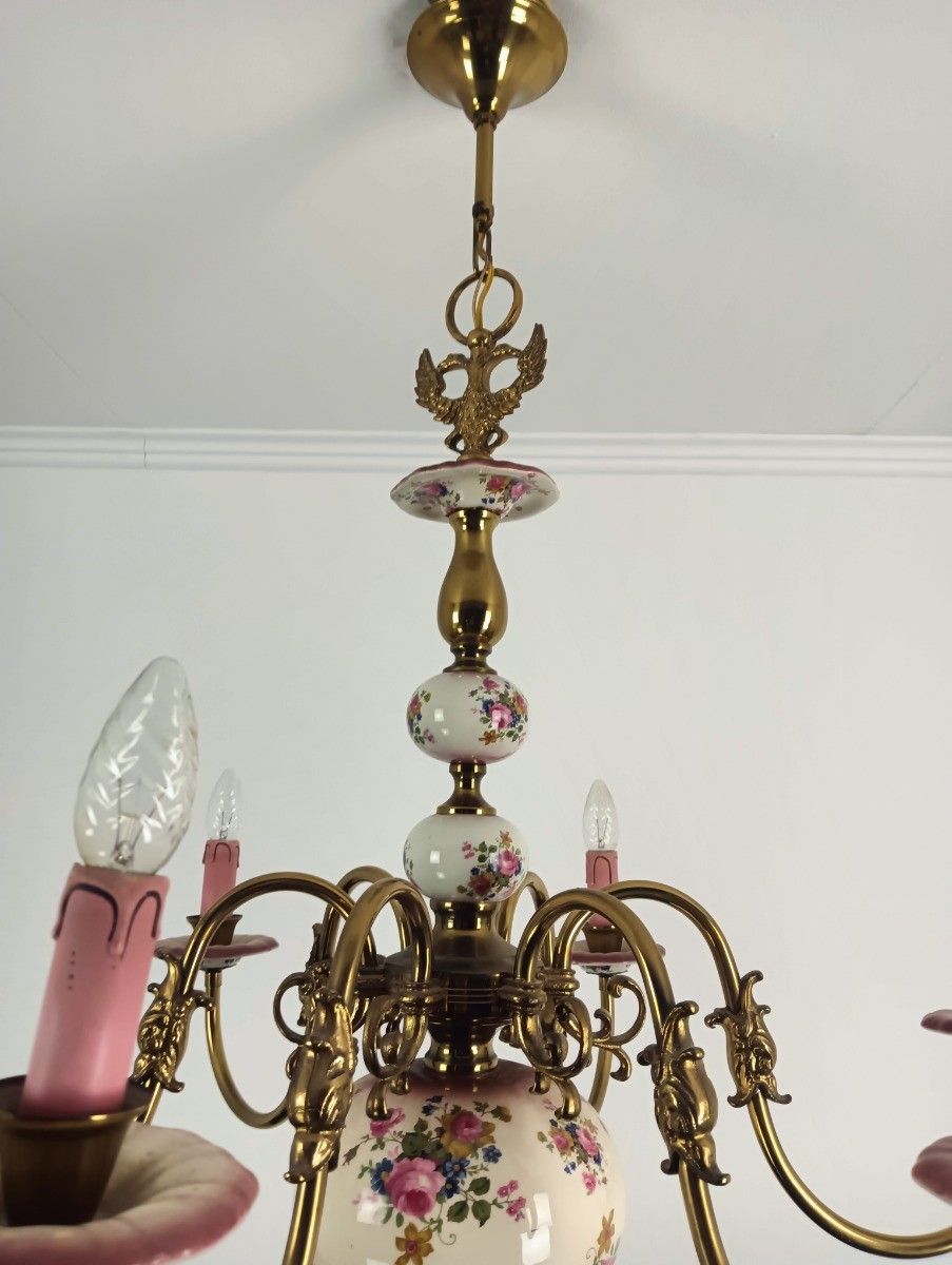 Chandelier Italy Pink Flowers Porcelain 6 Lights Arm Vintage  Brass Farmhouse photo 447.0