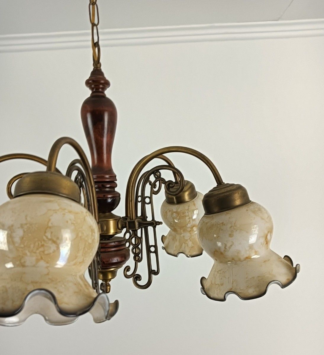 photo for sale Vintage Chandelier 5 Arm Lights Wood Art Glass Tulip Shades