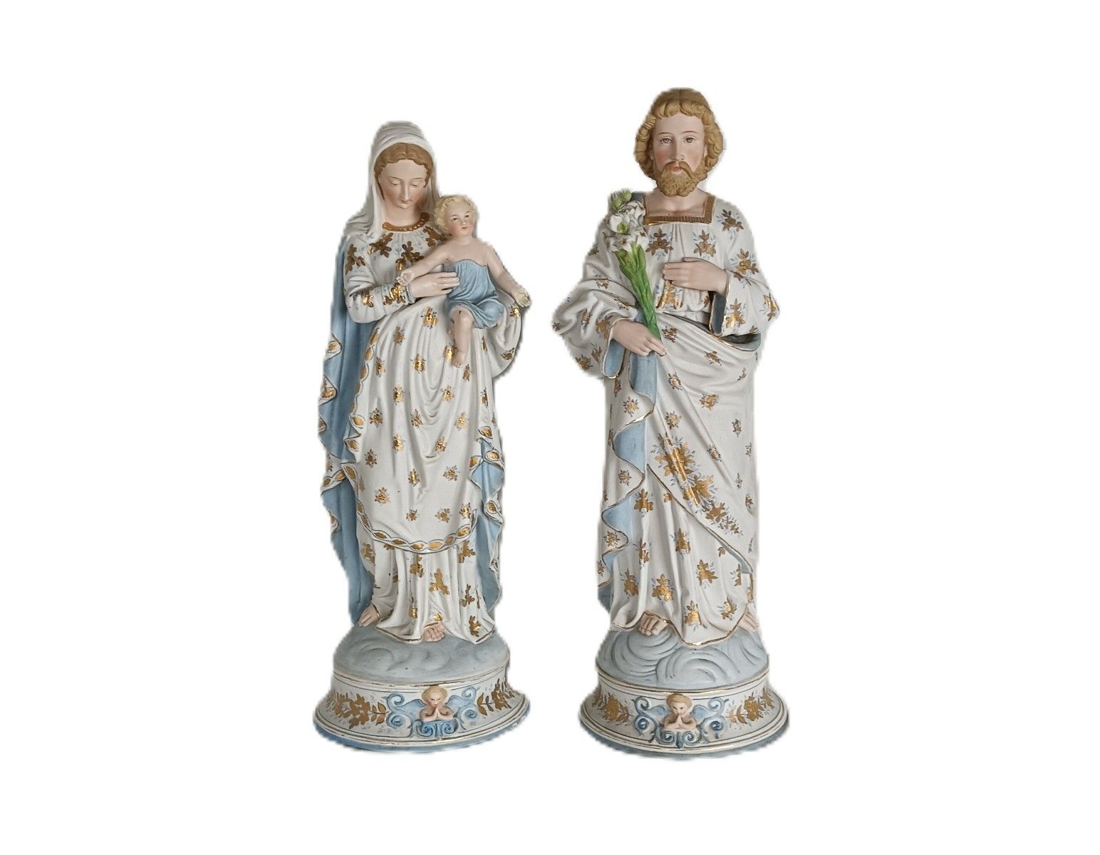 French Antique Bisque Statues Virgin Mary  Infant Jesus Joseph  Pair Stunning La