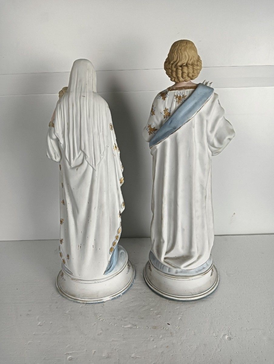 photo for sale French Antique Bisque Statues Virgin Mary  Infant Jesus Joseph  Pair Stunning La