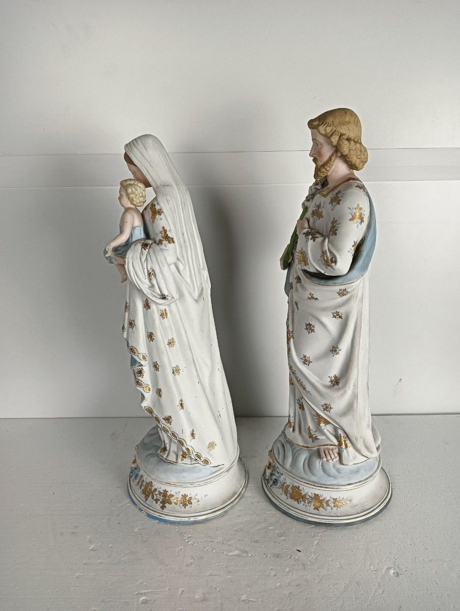 Art French Antique Bisque Statues Virgin Mary  Infant Jesus Joseph  Pair Stunning La photo
