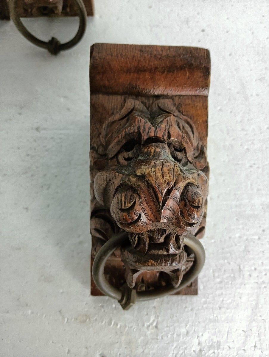 Antique Set Of 4 Corbels Hand Carved Wood Pediments Architectural Lion Heads Wit photo for sale