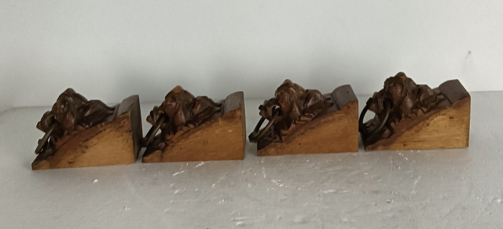 Antique Set Of 4 Corbels Hand Carved Wood Pediments Architectural Lion Heads Wit photo vintage