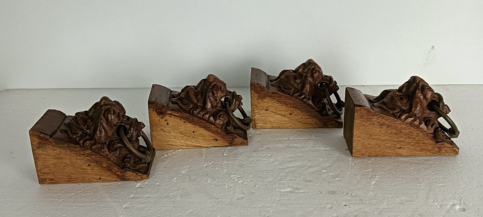 photo for sale Antique Set Of 4 Corbels Hand Carved Wood Pediments Architectural Lion Heads Wit