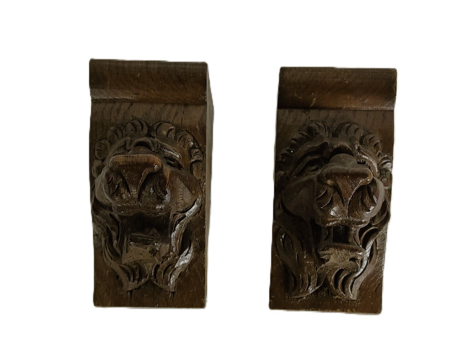 Antique  Pair Corbels Hand Carved Wood Pediments Architectural Lion Heads  Trims photo Home Decor