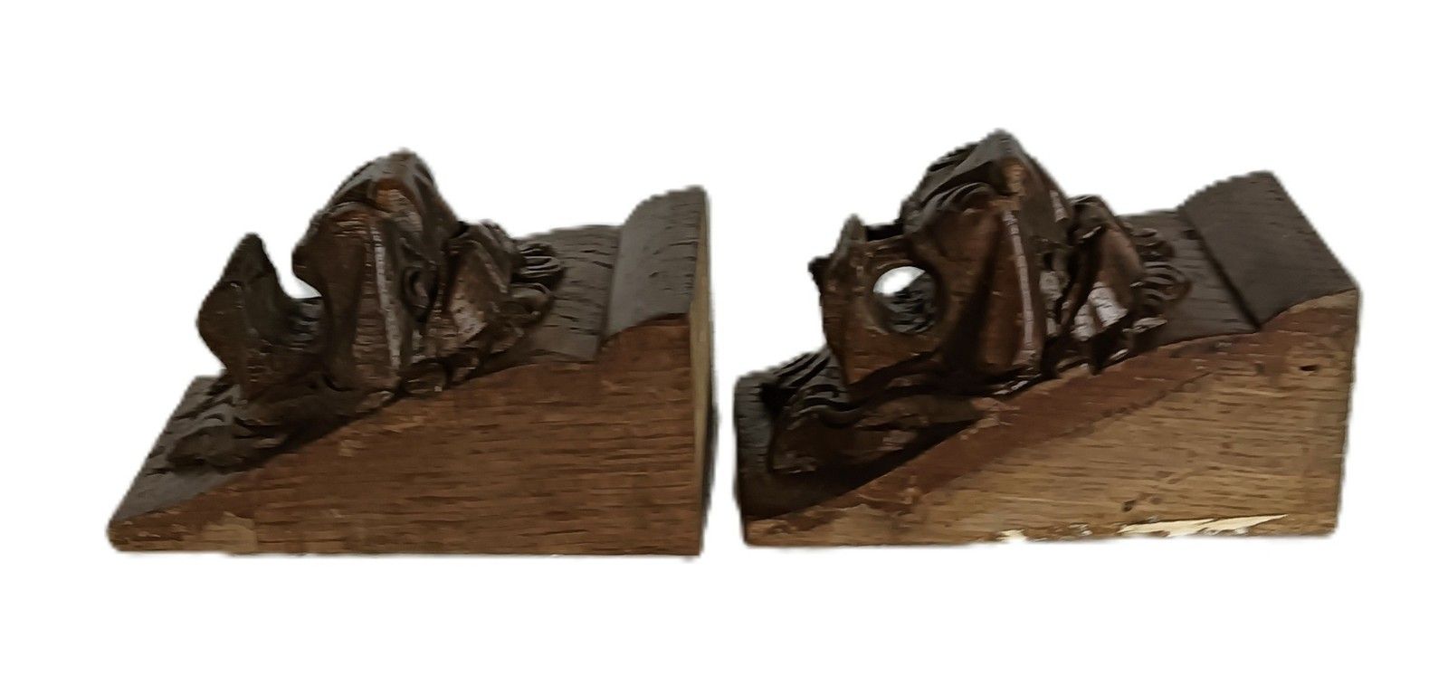Antique  Pair Corbels Hand Carved Wood Pediments Architectural Lion Heads  Trims photo buy