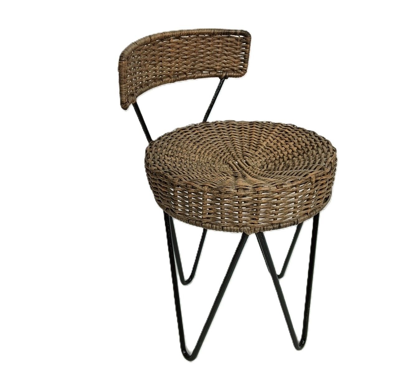 Vintage Rattan Wicker Wrought Iron Small Chair Pedestal Plant Stand Japandi Styl photo for sale