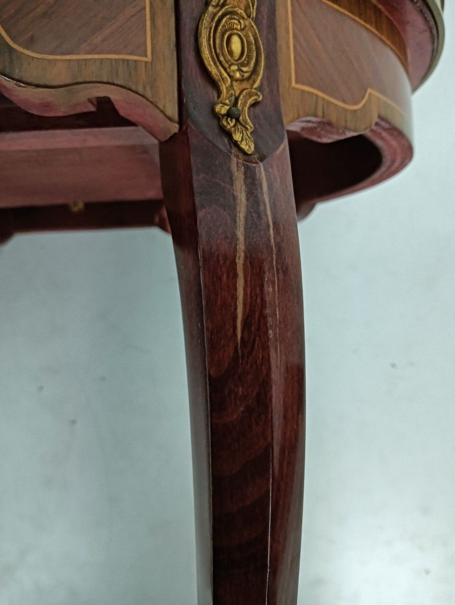 photo furniture Vintage Italian Inlay Marquetry Wood Hallway Table Marble Top Brass Trims