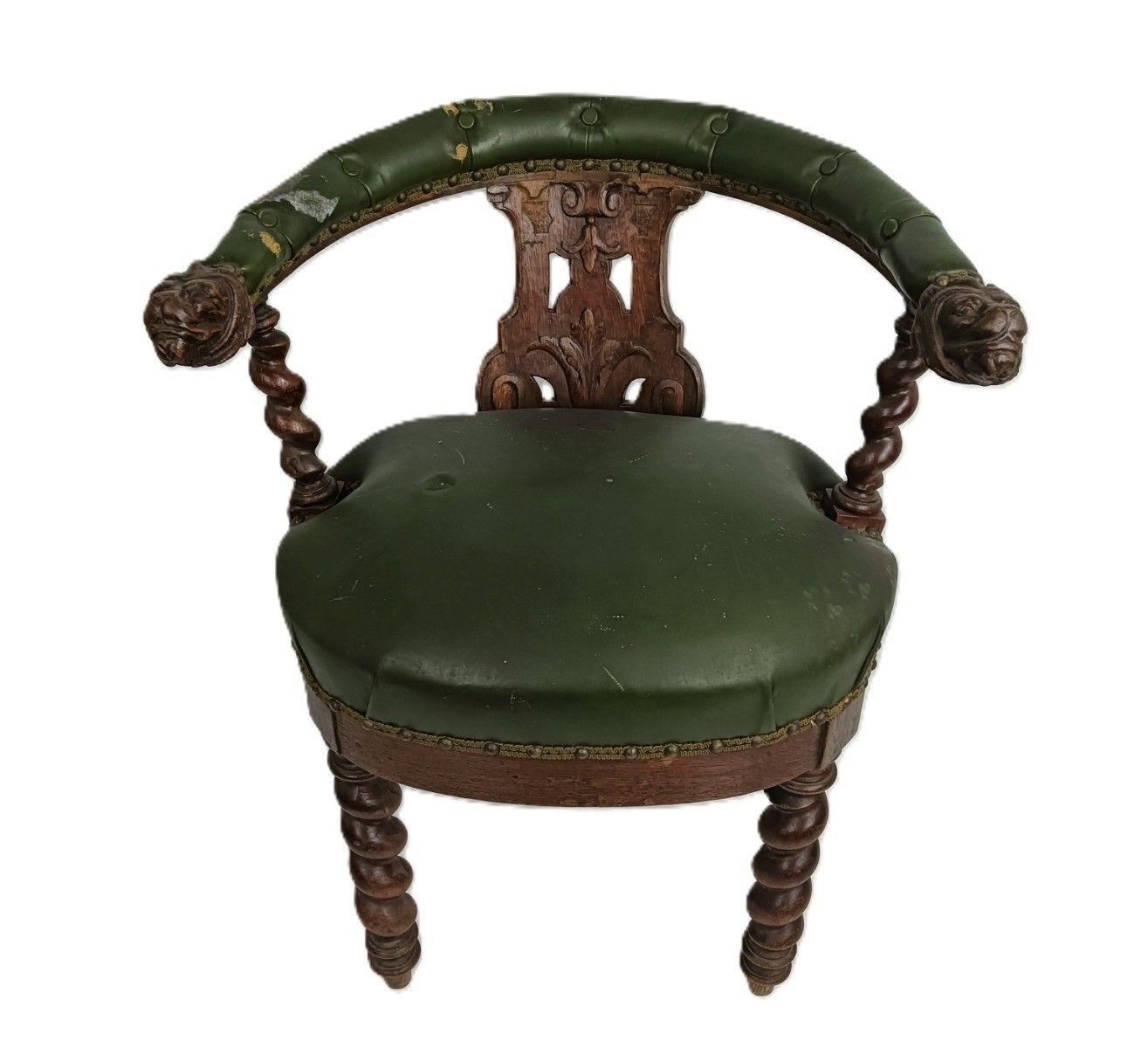 Antique Barley Twist Hand Carved Wood Chair Leather Seating Ornate Lion Heads  1 photo vinterior