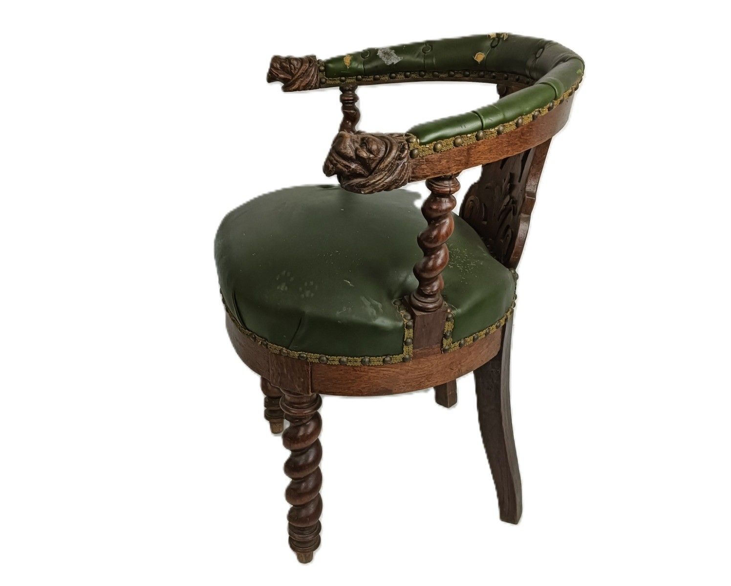 Antique Barley Twist Hand Carved Wood Chair Leather Seating Ornate Lion Heads  1 photo vintage