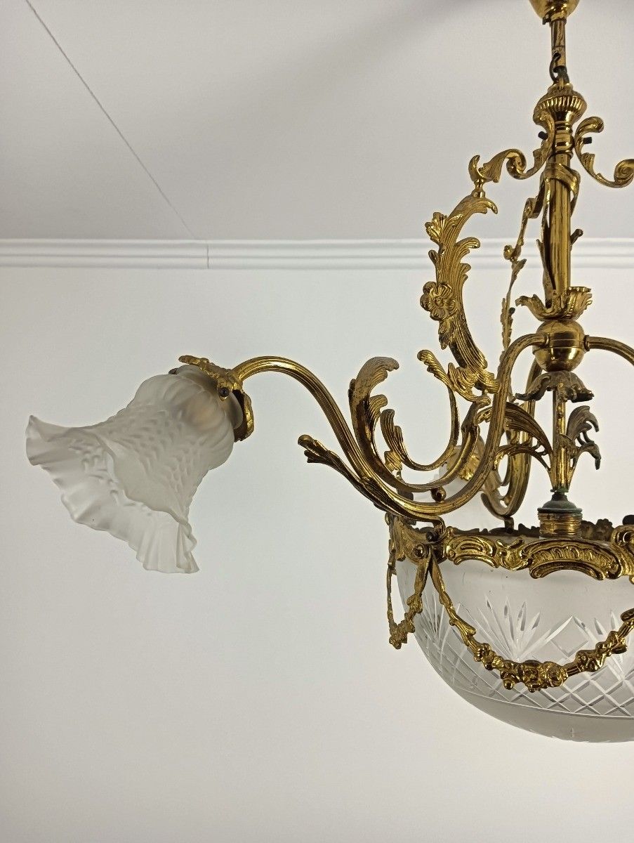 Art Deco Chandelier Antique Etched Glass Brass Tulip Shades  4 Lights Guirlandes photo vinterior