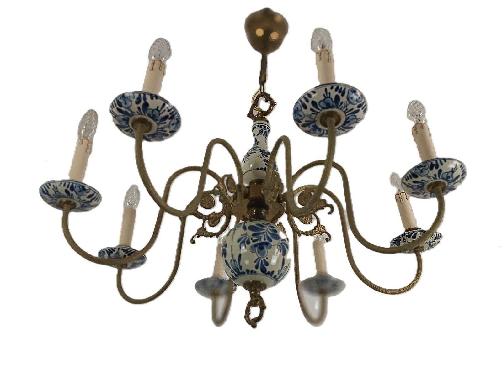 Vintage Dutch Delft Blue White Chandelier Porcelain Ornate Brass 8 Lights Arms F photo 1163.0