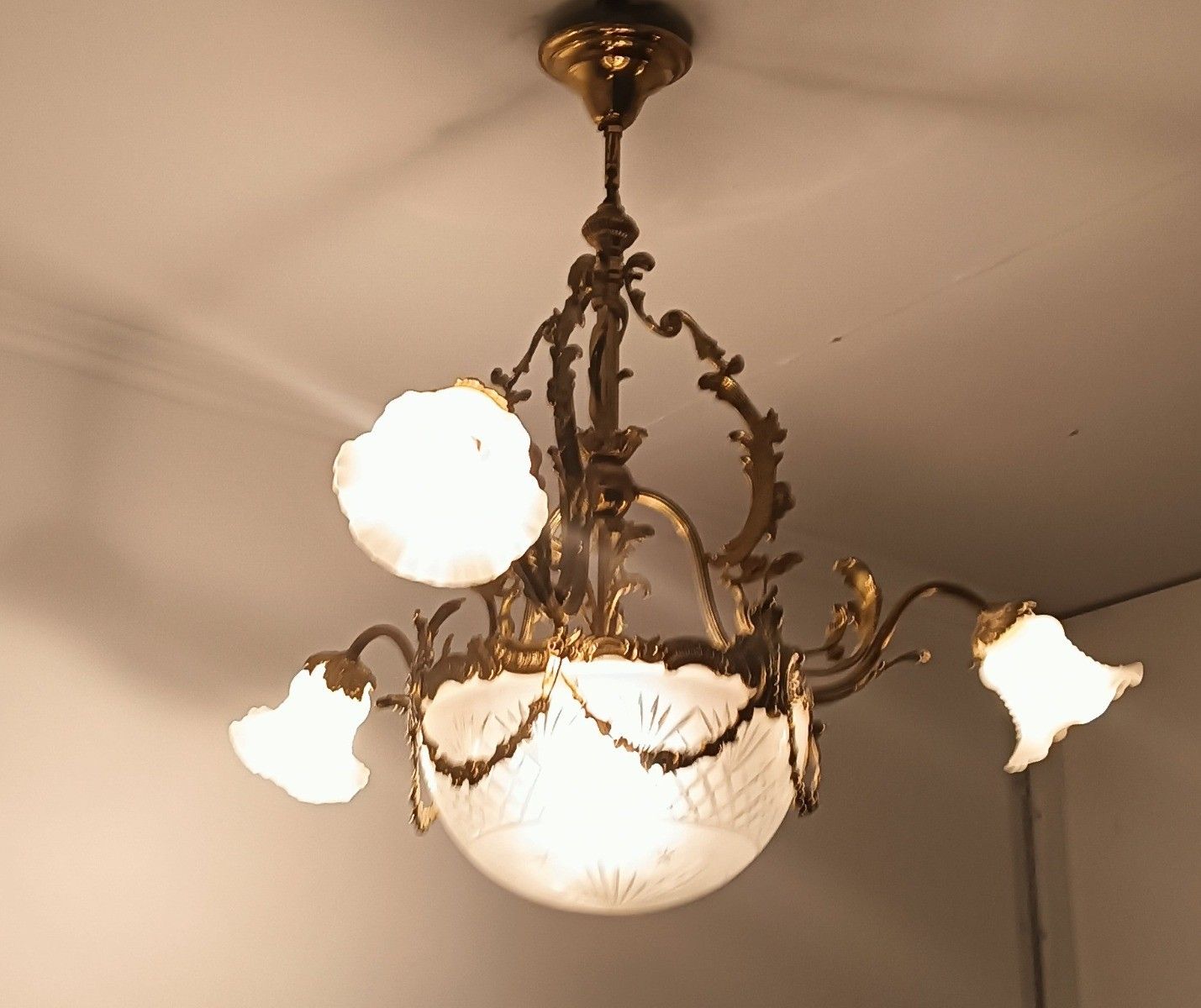 photo for sale Art Deco Chandelier Antique Etched Glass Brass Tulip Shades  4 Lights Guirlandes