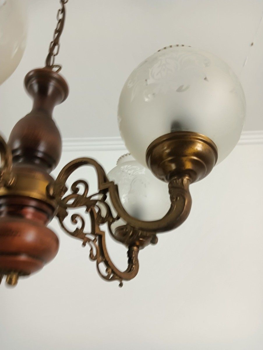 Vintage Chandelier 5 Arm Lights Wood Etched Art Glass Shades Fixture photo for sale