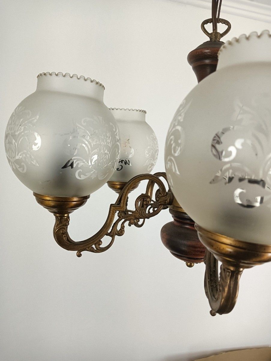 Vintage Chandelier 5 Arm Lights Wood Etched Art Glass Shades Fixture photo vintage