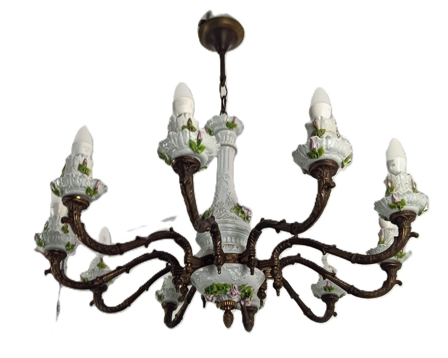 Capodimonte Porcelain Bronze Chandelier 10 Arm Lights, White, Italy Vintage photo furniture