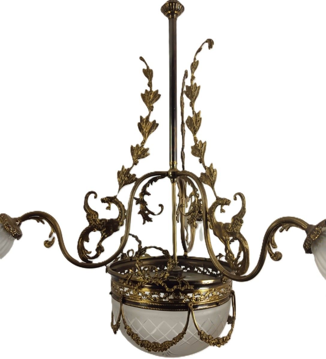 Large Art Deco Antique Chandelier 4 Lights 3 Arm Decorative Etched Glass French photo Lighting