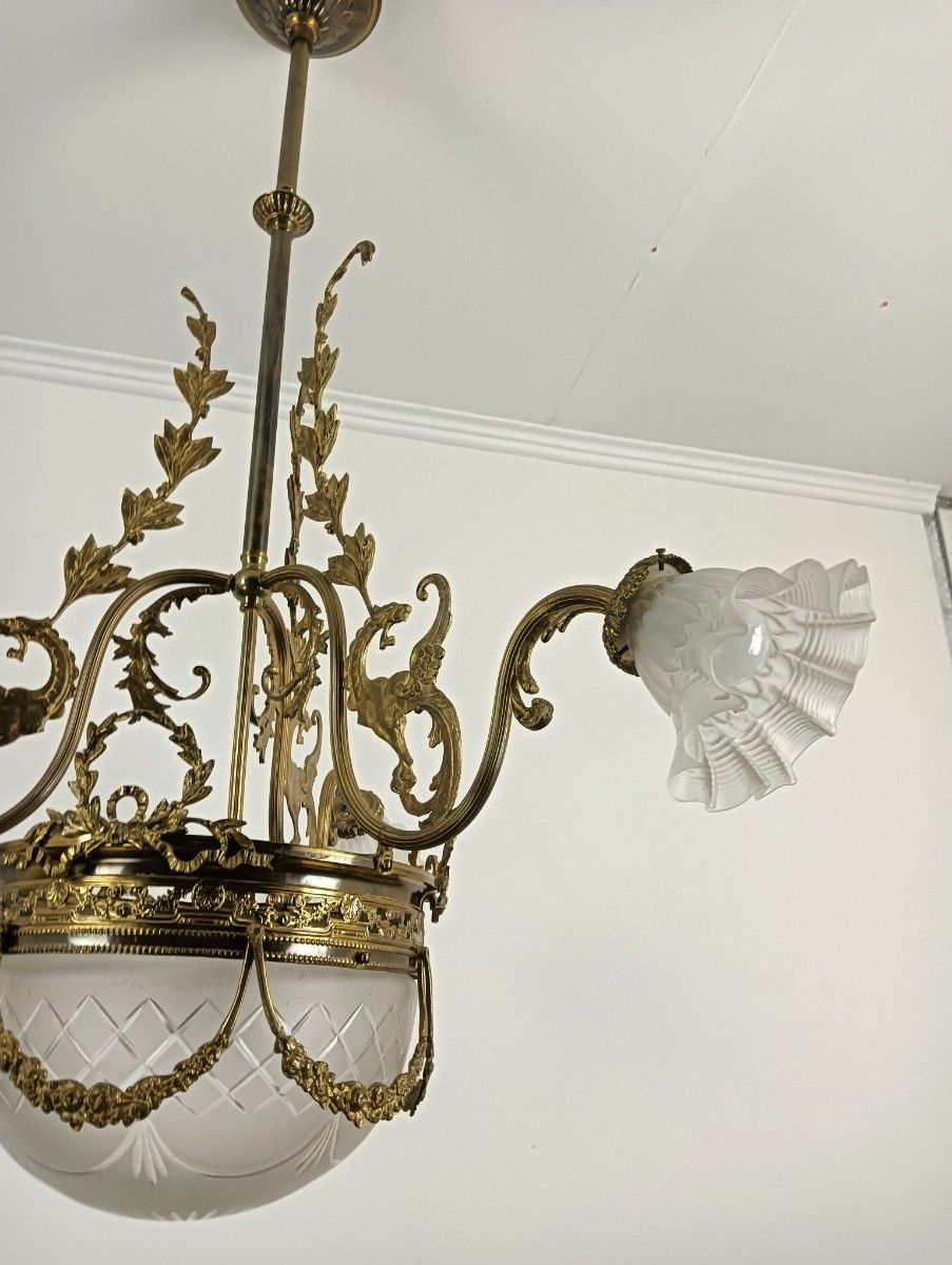Large Art Deco Antique Chandelier 4 Lights 3 Arm Decorative Etched Glass French photo vinterior